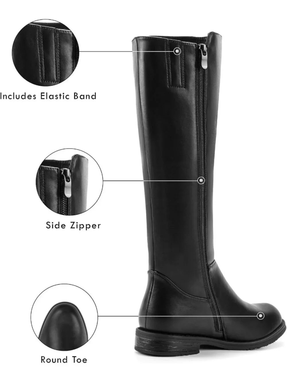 Women's Black pu Knee High Boots Flat Low Heel with Side Zipper